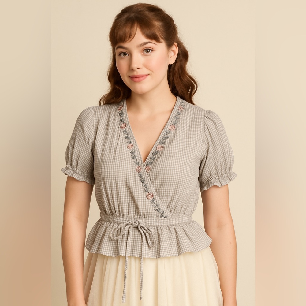Disney Beauty and the Beast Rose Embroidered Wrap Top Gingham Check Blouse 2X